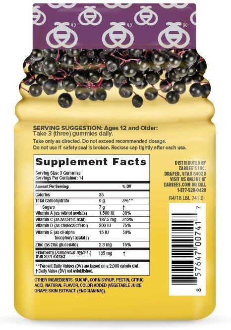 Zarbee's Kids Elderberry Immune Support Gummies, 60 ct | For Kids Ages 12+ Years, Real Elderberry, Vitamins A, C, D3, E & Zinc, No Artificial Sweeteners or HFCS