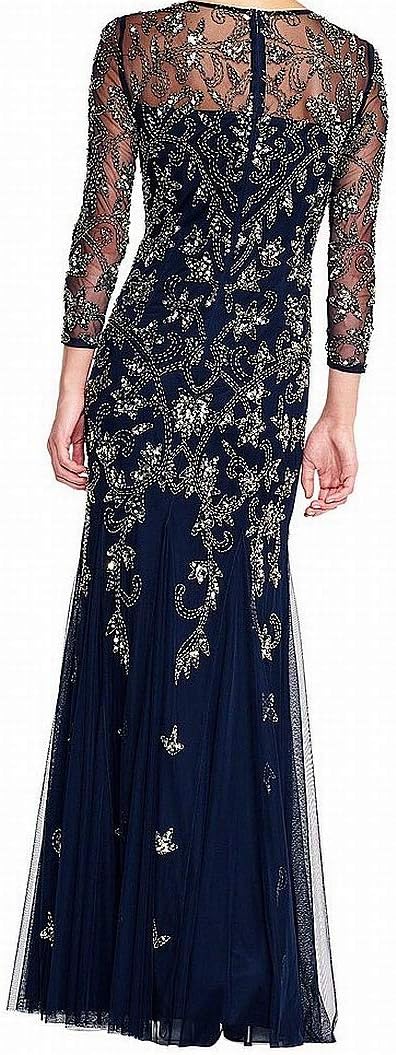 Adrianna Papell Women's Long Sleeve Bead Dress | Floor Length Formal Gown with Intricate Beading & 3/4 Length Sleeves