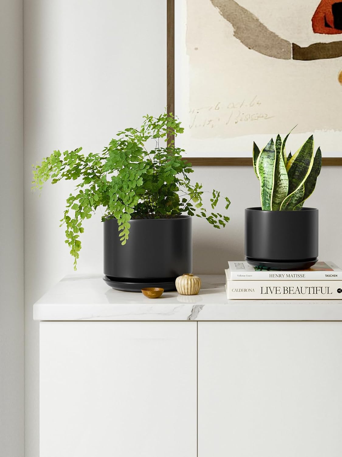 LE TAUCI Ceramic Plant Pots, 4.3+5.3+6.8 inch, Set of 3, Planters with Drainage Hole and Saucer, Indoor Flower Pot with Hole Mesh Pad, Gifts for Mom