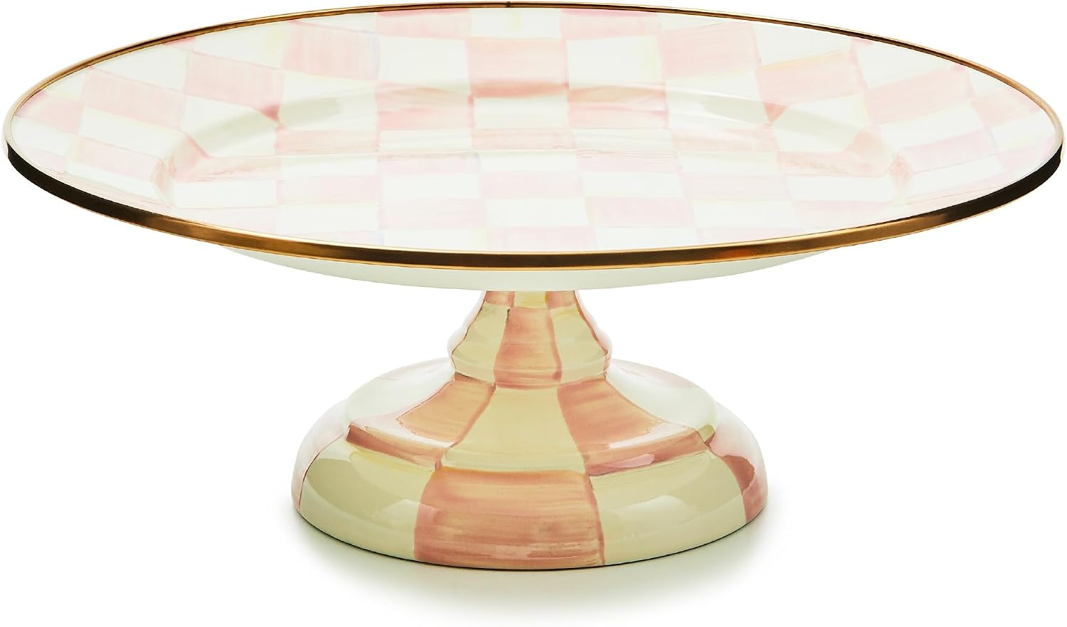 MACKENZIE-CHILDS Pedestal Platter, Mini, Black-and-White Courtly Check | Hand-painted design, made from enameled steel, stackable round cake stand for serving desserts, 8" dia. x 3" H