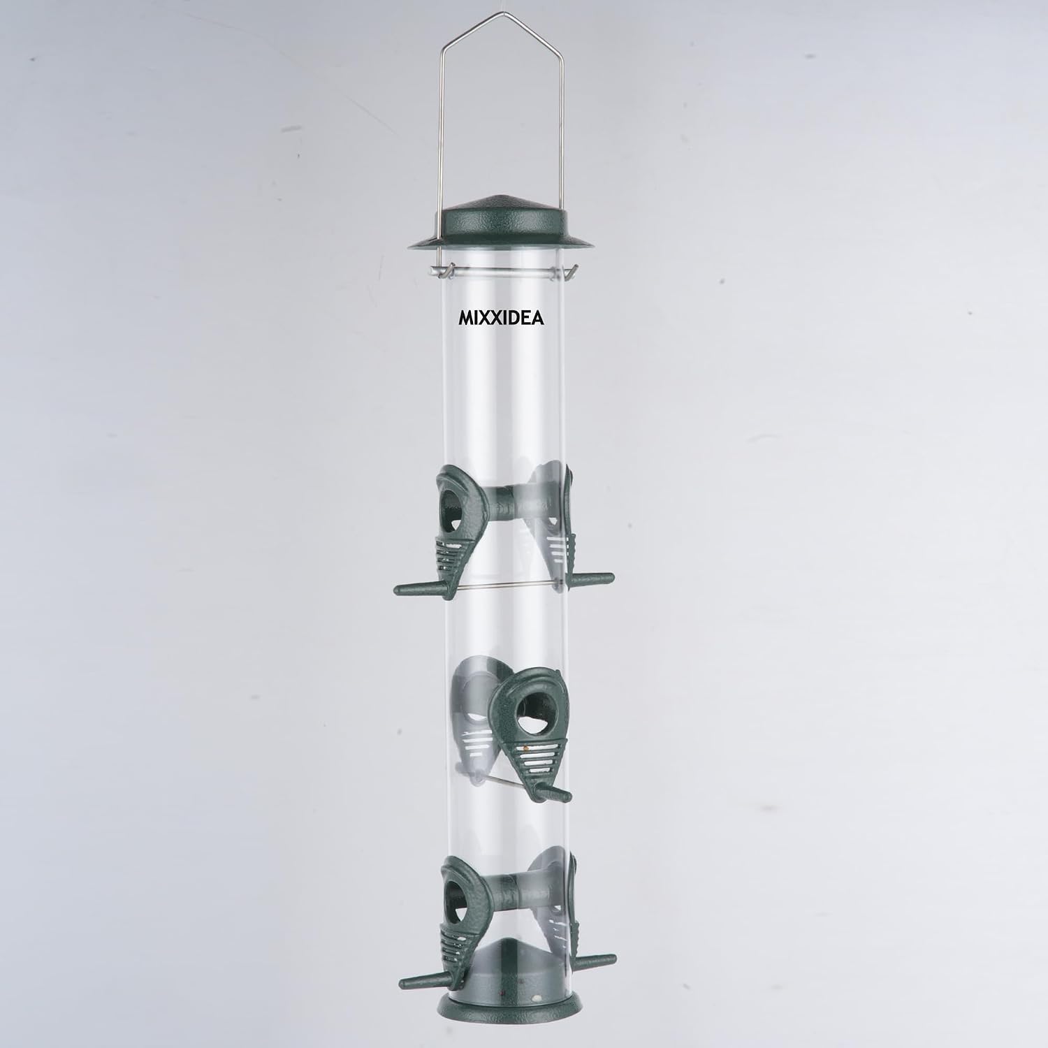 MIXXIDEA 1PK Metal Bird Feeders with 6 Feeding Ports, Tube Bird Feeder with Steel Hanger, Hard Plastic Wild Bird Feeder for Outdoors Hanging