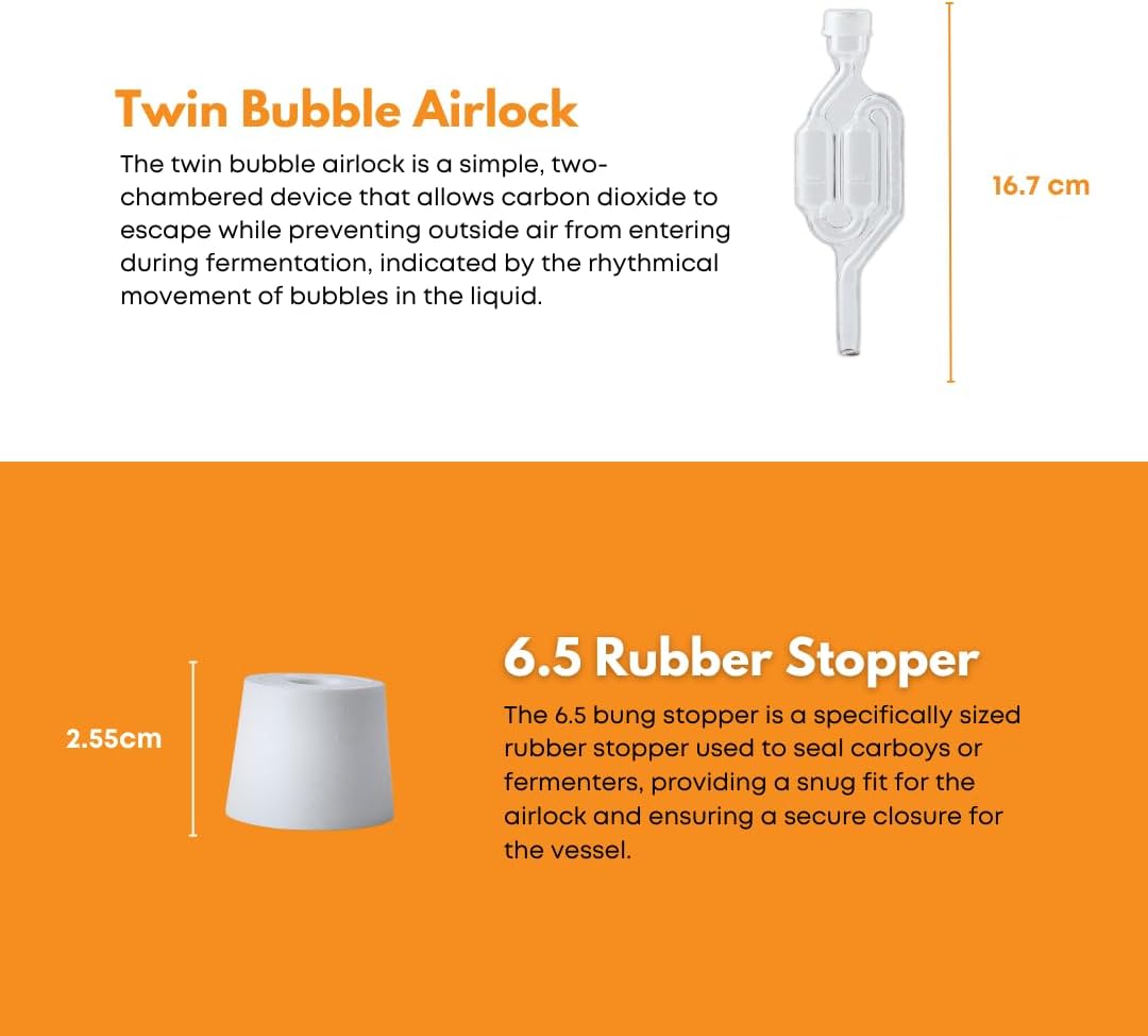 1 Gallon Glass Jug with Airlock, #6.5 Rubber Bung and Twin Bubble Design | Clear Fermentation Jug for beer, wine, cider & kombucha | Reusable food-grade construction for home brewing | Glass Fermenter