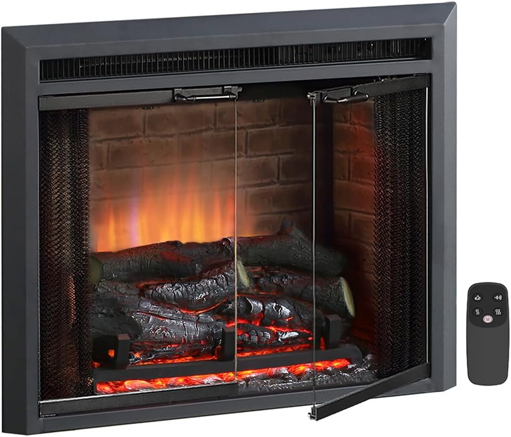 PuraFlame Klaus Electric Fireplace Insert with Fire Crackling Sound, Glass Door and Mesh Screen, 750/1500W, Black, 29 15/16 Inches Wide