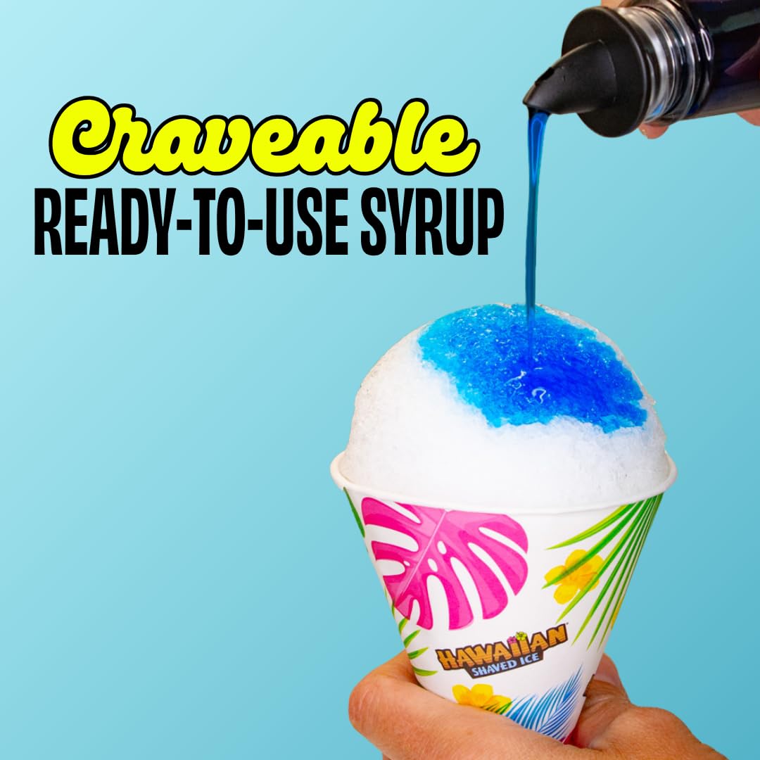Hawaiian Shaved Ice Blue Raspberry Syrup - Made Nut Soy Dairy Free in the USA - Flavor Fluffy Shaved & Crunchy Snow Cone - Shelf Stable After Opening - Makes 8 Servings - 16 ounces