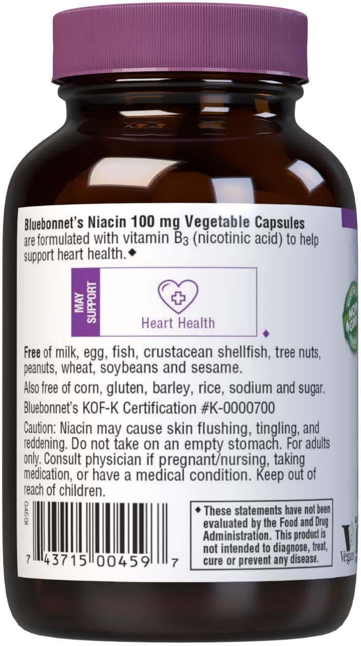 Bluebonnet Niacin 100mg Vitamin B3 Nicotinic Acid - Heart Health Support for Women & Men* - Non-GMO, Vegan, Kosher, Gluten-Free, Soy-Free