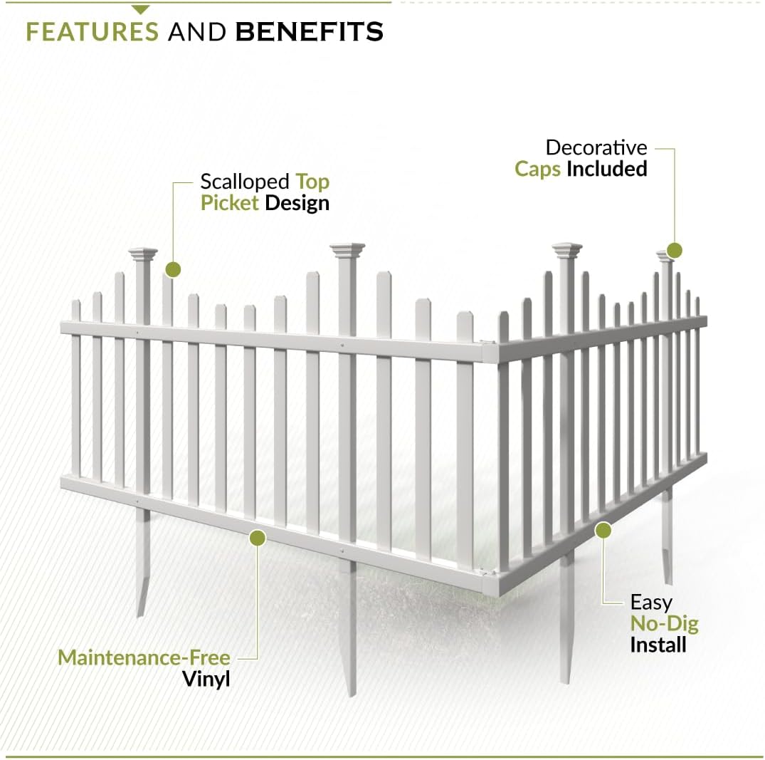 Zippity Madison Picket Fence Panels, White Vinyl DIY No Dig Kit | 2.5ftH x 2.3ftW, White, 2 Panels, Garden Border or Yard Enclosure, ZP19001
