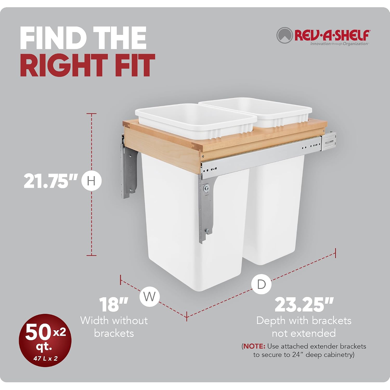 Rev-A-Shelf Top Mount Double Pullout Under Cabinet 35 Quart Kitchen Trash Cans with 150 Pound Rated Full-Extension Slides, 4WCTM-21DM2