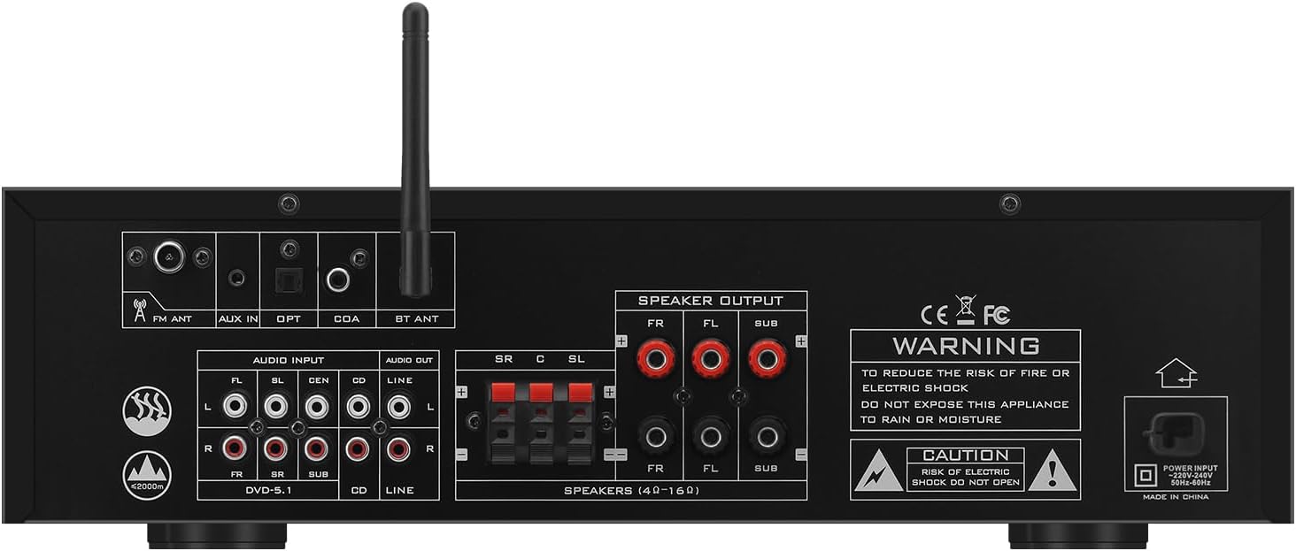 5.1 Channel Karaoke Amplifier with Mic Input, Home Audio Surround Sound Amplifier with Optical, Coaxial & RCA Inputs, Subwoofer Support for TV