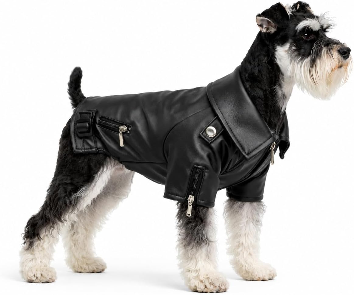 Lovelonglong Cool Dog Leather Jacket, Warm Coats Dogs Windproof Cold Weather Coats for Large Medium Small Dogs with Eagle Embroidery Black XS