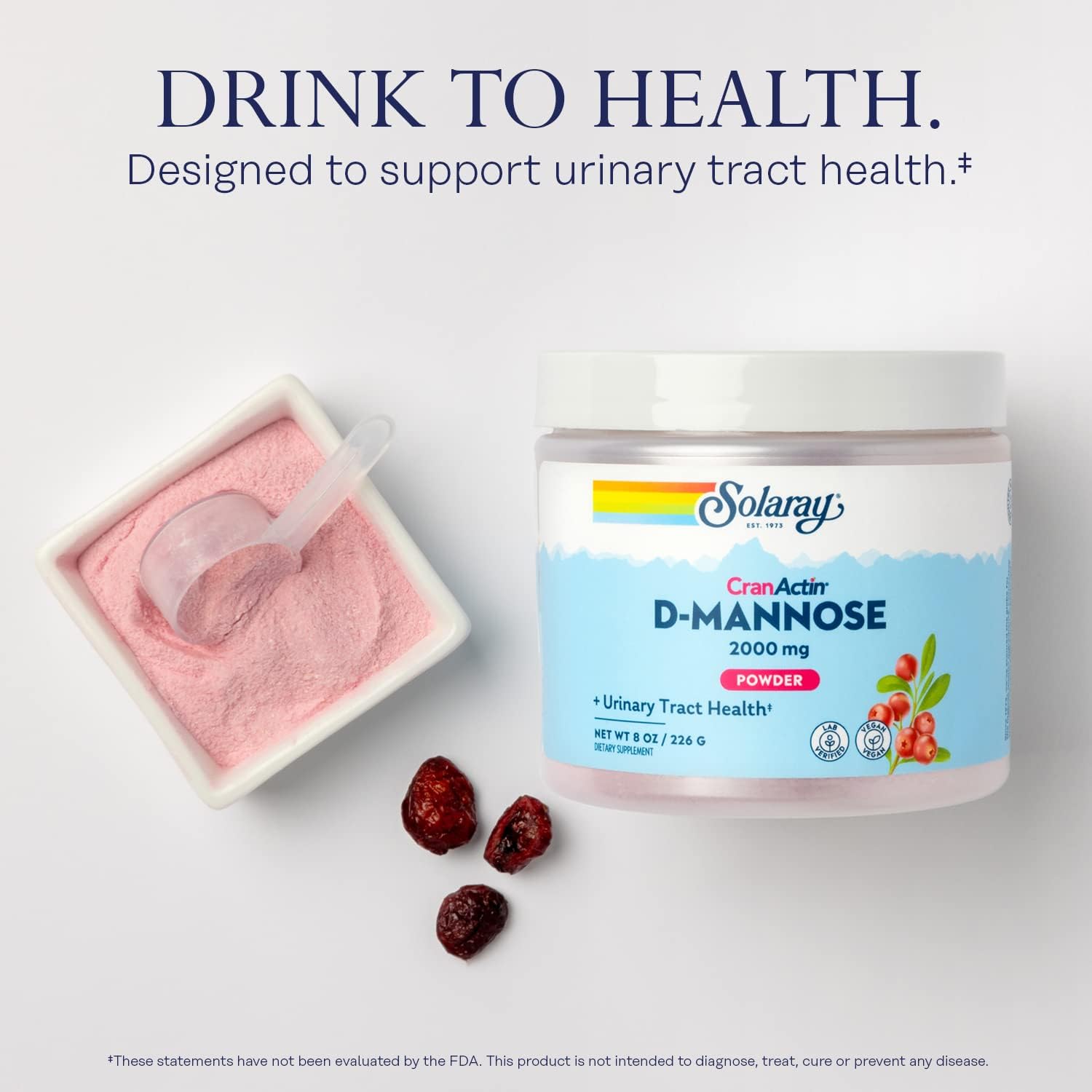 SOLARAY D-Mannose with CranActin Cranberry AF Extract Powder, 2000 mg, 400 mg of Cranberry Extract, Healthy Urinary Tract Support
