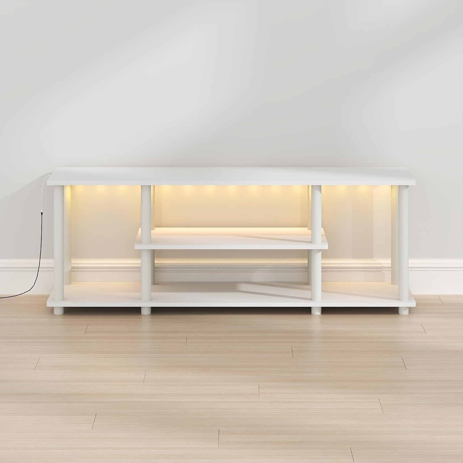 Furinno Turn-N-Tube No Tools 3D 3-Tier Entertainment TV Stand up to 50 inch TV, Round Tubes, French Oak Grey/Black | for TV up to 50 Inch, Open Frame Rectangular Entertainment Center with Storage Shelf, TV Console, for Living Room, Bedroom