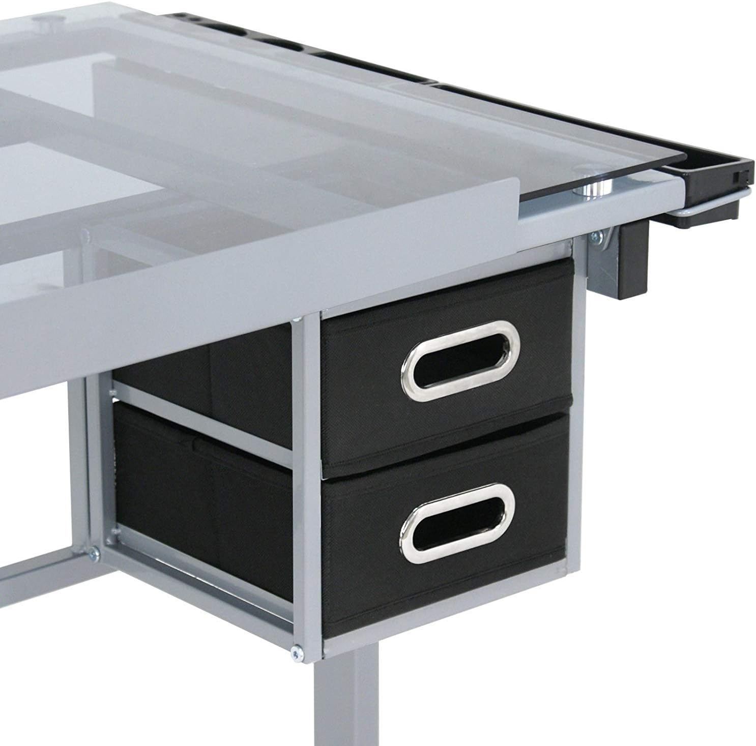 Adjustable Drafting Table Drawing Desk Art Craft Station Drafting Desk Glass Tabletop w/2 Slide Drawers and Wheels for Drawing, Sketching, Reading