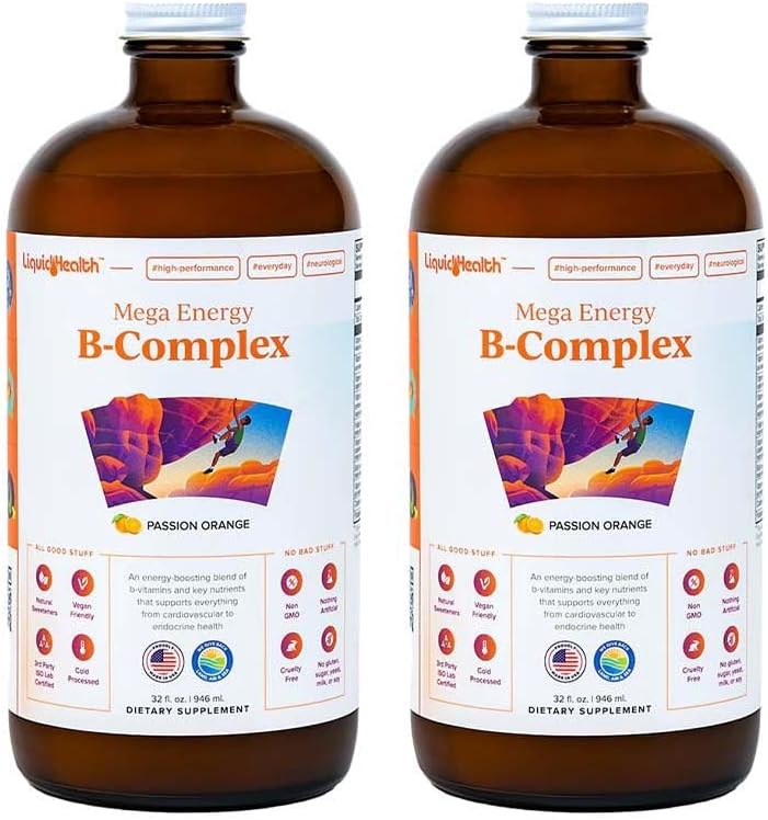LIQUIDHEALTH Mega Energy Methylated B-Complex, Adult Liquid Vitamin Supplement - Increase Energy, Relieve Stress & Fatigue, Immune Support, Heart & Gut Health - Made in USA, Vegan, Sugar-Free (32 oz)