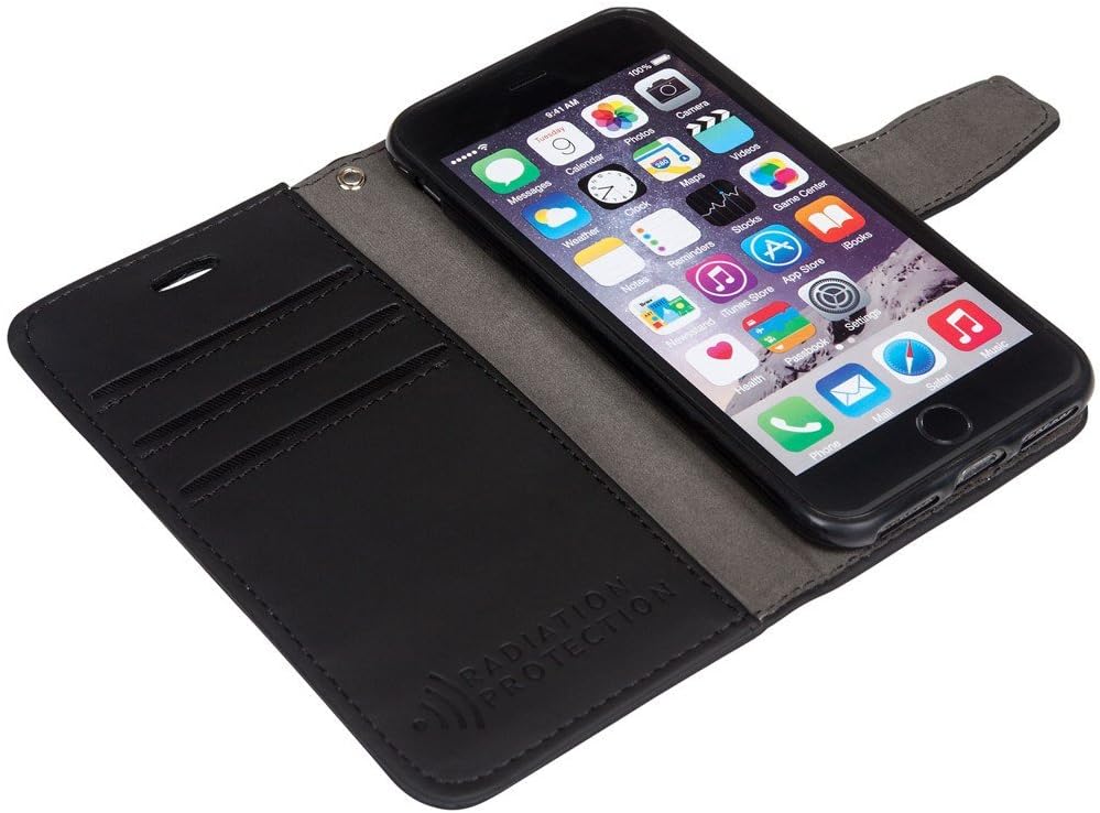 SafeSleeve EMF Blocking Wallet Case for iPhone 6/7/8, Black | EMF Blocker, Card Data Protection, Magnetic Closure, Leather Folio Protection for Daily Use