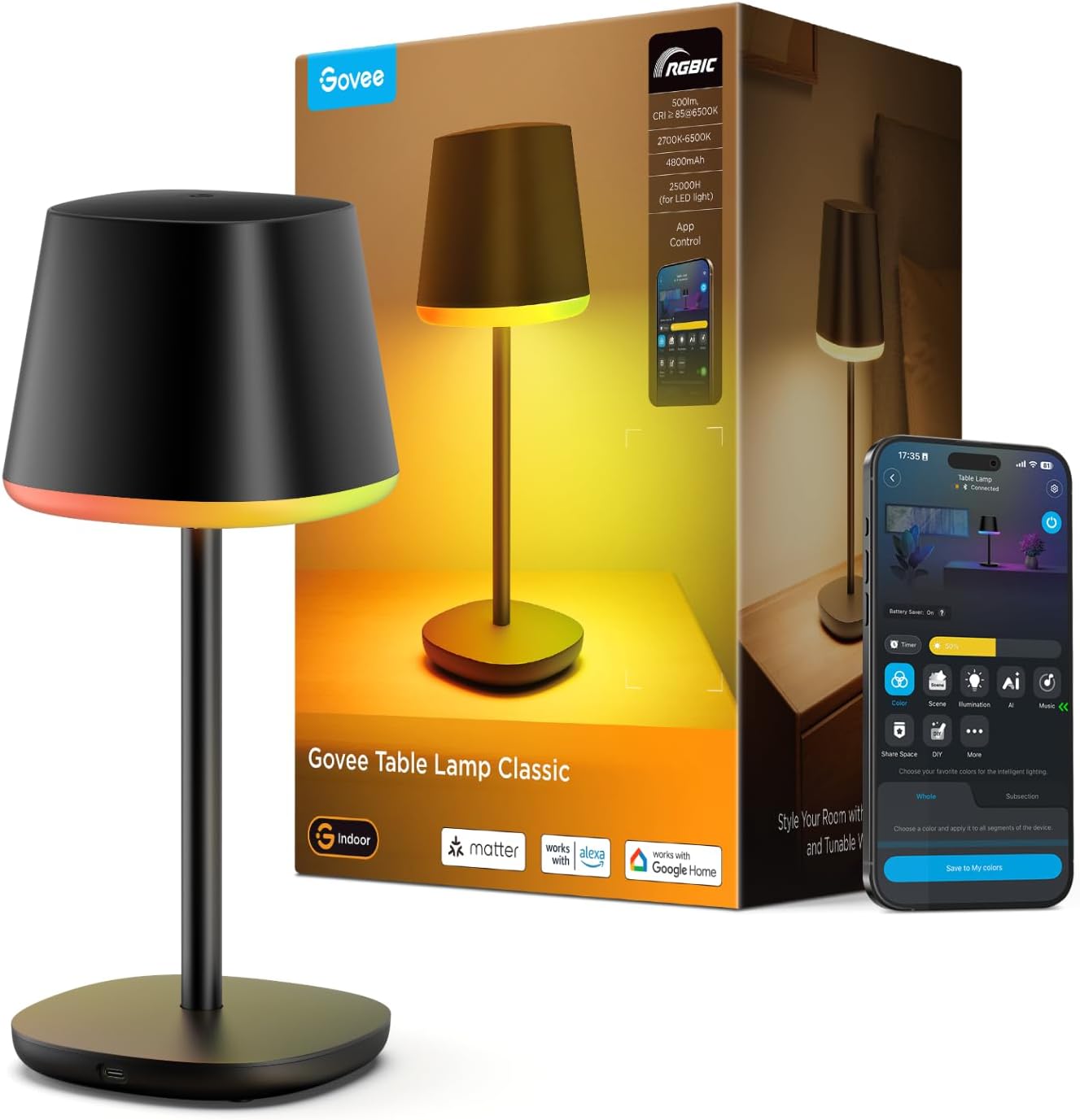 Govee Smart Cordless Table Lamp Classic (No Adapter), RGBIC Desk Lamp | Rechargeable Table Lamp for Bedroom, Living Room