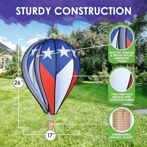 Hot Air Balloon Hanging Garden Spinner 26" - Vibrant Patriotic Design, Weather-Resistant Outdoor Decor, Durable & Lightweight for Patios, Yards