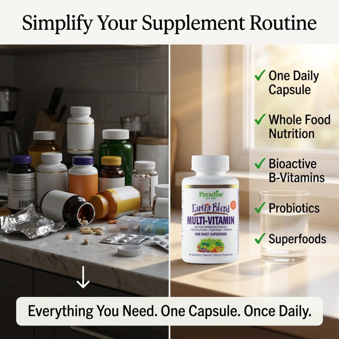 Paradise Herbs & Essentials Once Daily Multivitamin Iron 60 Capsules | Organic superfoods, probiotics, and vitamins A, B12, C, D, K2 in a dietary supplement for immune and bone support.