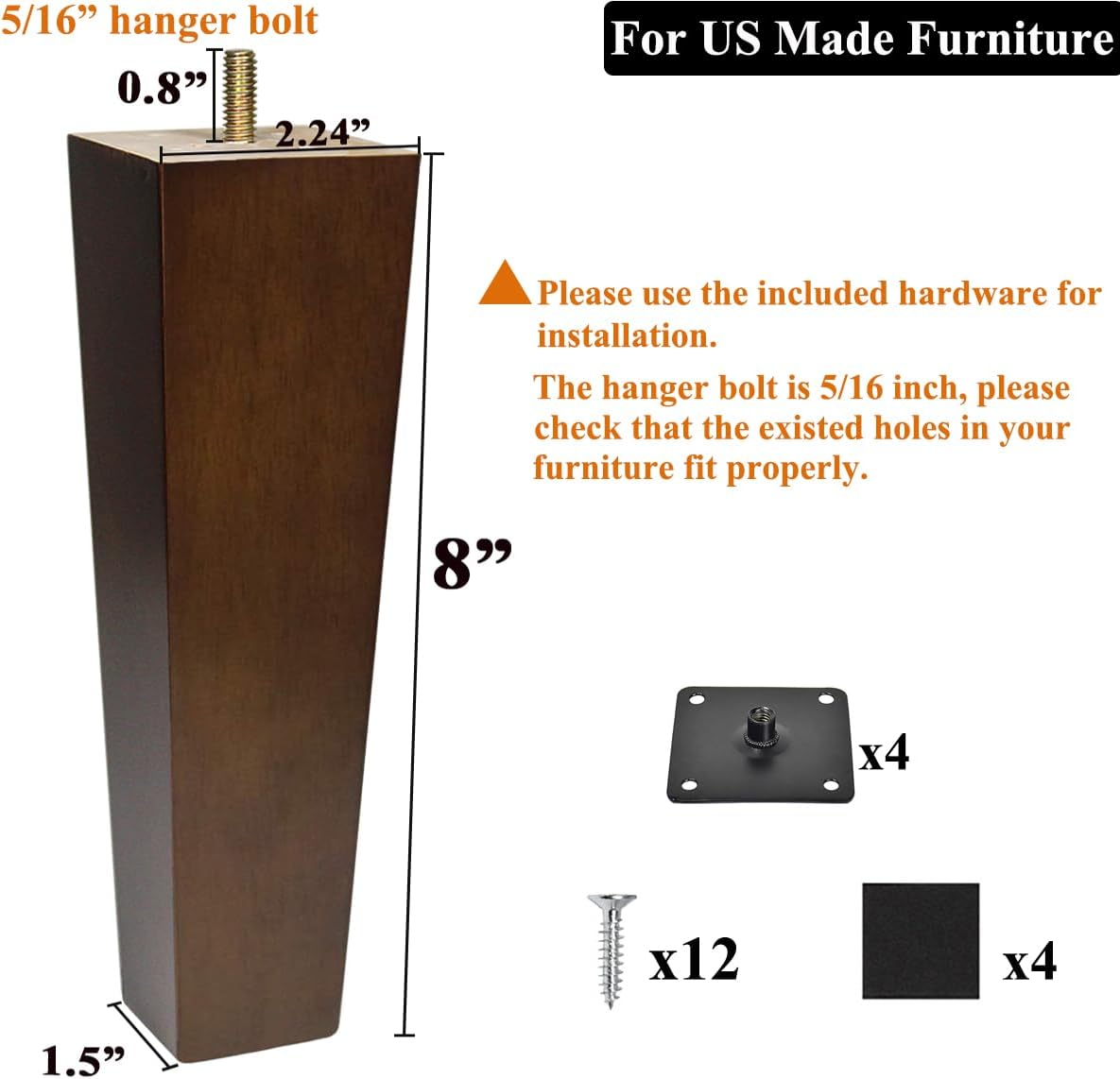 Sofa Legs Square Bed Feet 2 inch Wood Replacement Leg for Furniture Set of 4, Dark Brown