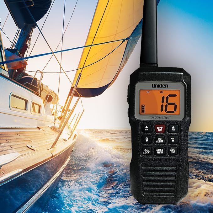 Uniden Atlantis 155 Handheld Two-Way VHF Marine Radio, Floating IPX8 Submersible Waterproof, Dual-Color Screen