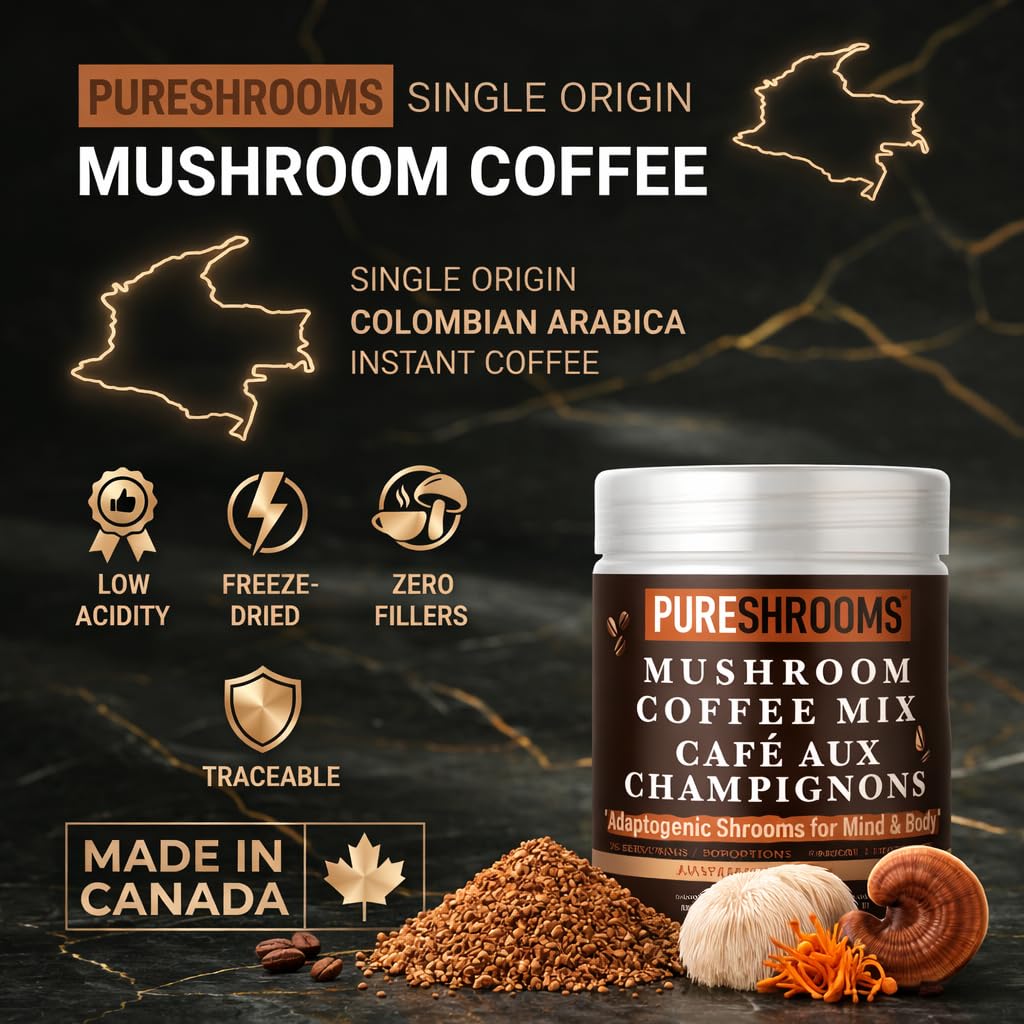 PureShrooms Mind & Body Mushroom Coffee - Instant Colombian Arabica with Organic Lion’s Mane, Reishi & Cordyceps - Low Acidity Nootropic Superfood Beverage for Focus & Vitality, 35 Servings/70g
