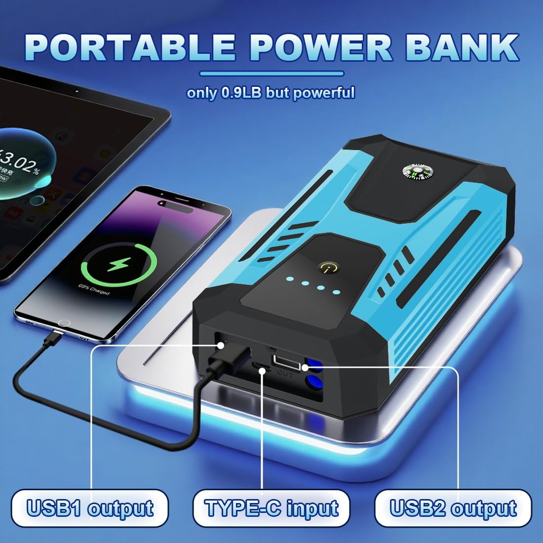 12v Jump Starter for 10.0L Gas/8.0L Diesel, 6000A Peak Car Battery Jumper Starter Portable