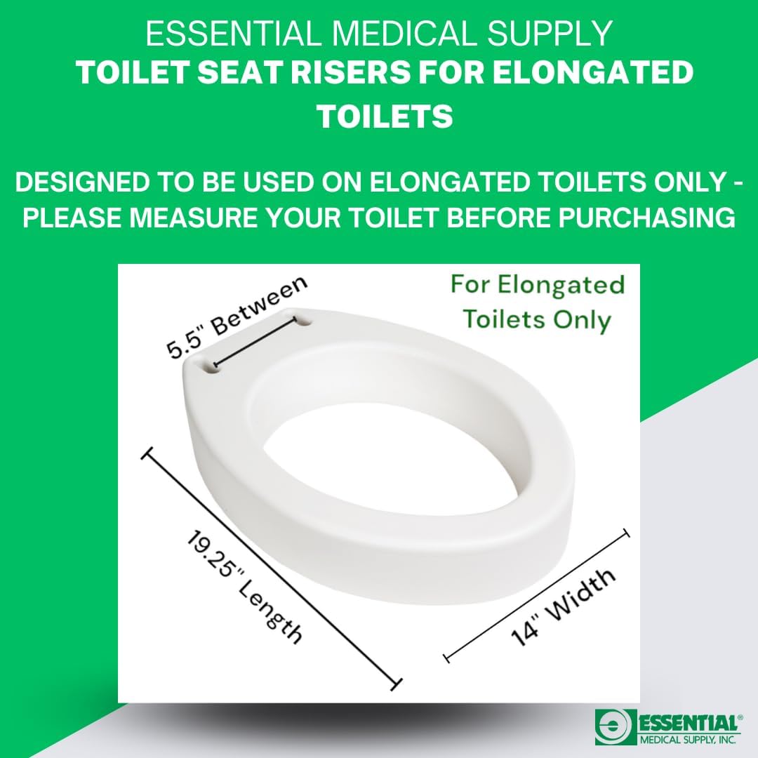 Essential Medical Supply Toilet Seat Riser for Elongated Bowl with 3.5" Rise - 19 x 14 x 3.5 Inch, Elevating and Raising Toilet Seat for Seniors