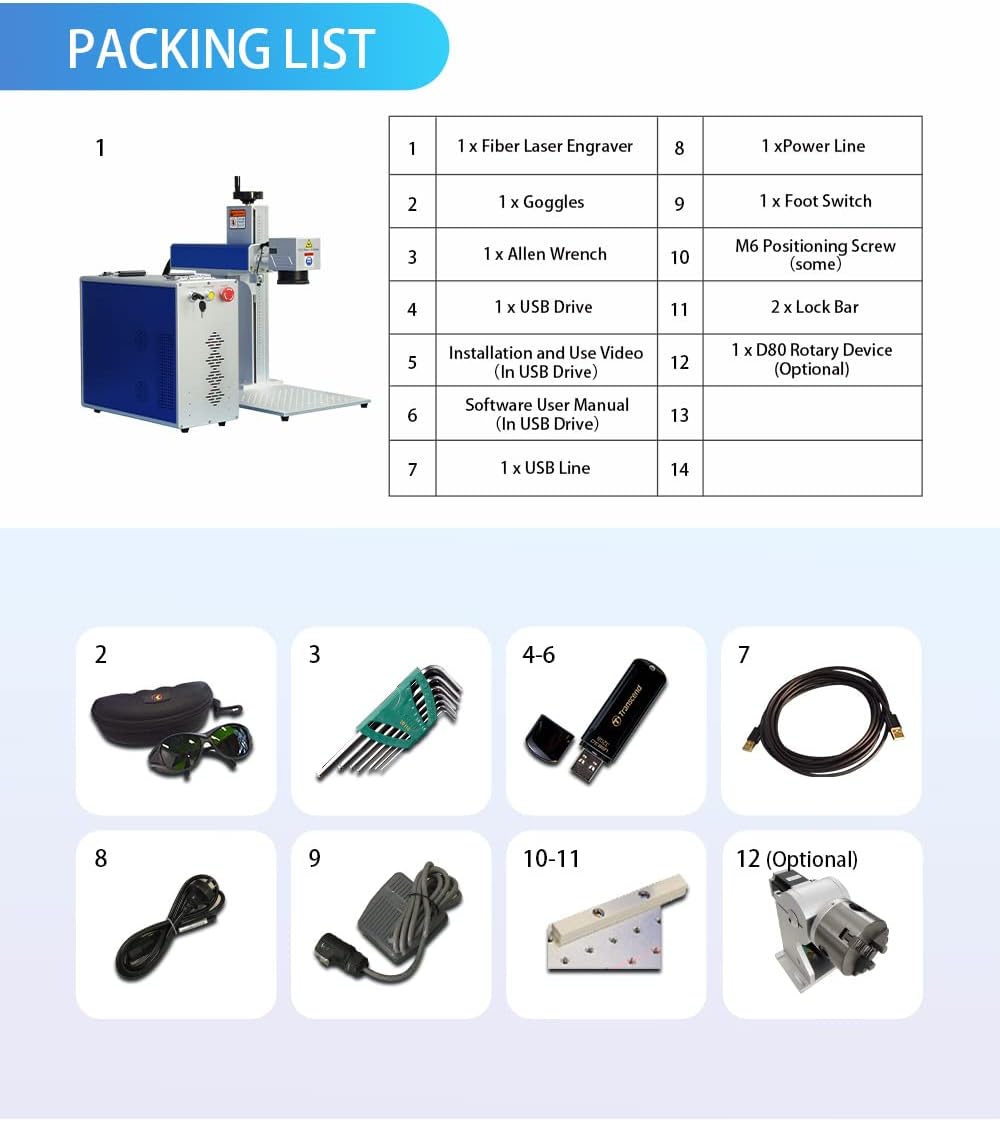 US Stock 60W JPT MOPA M7 Fiber Laser Marking Machine Fiber Laser Engraver Laser Marker 175×175mm with 80mm Rotary Axis Compatible with Lightburn