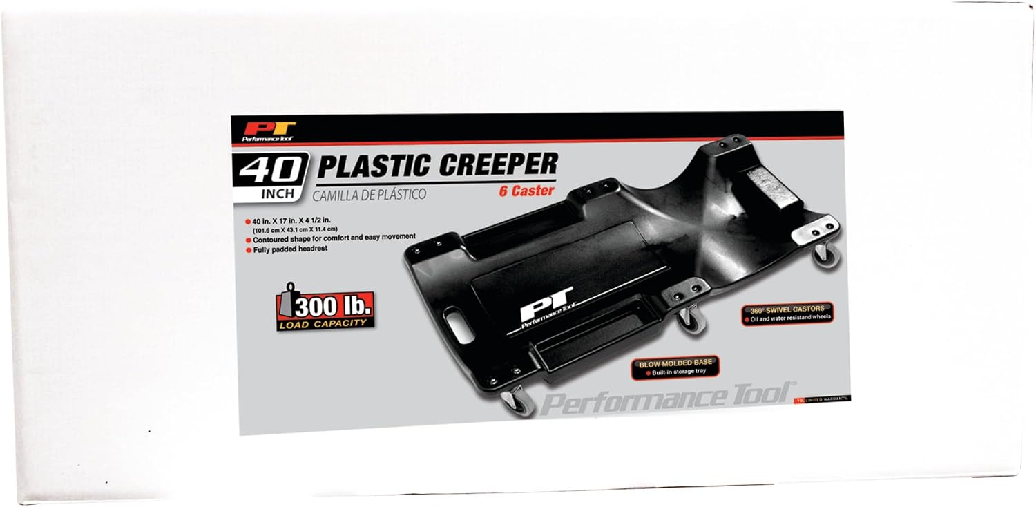 Performance Tool W85014 38 in. Low-Profile Automotive Mechanics Creeper | Oversized x-frame low profile creeper with 2-inch extra cushion padding. 5-inch jumbo swivel casters. 300 lb. capacity