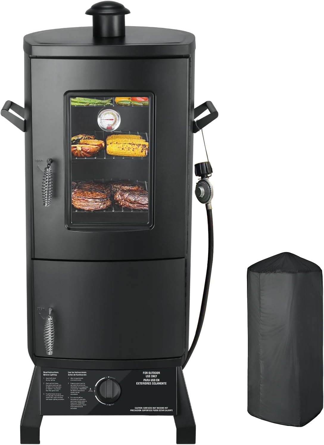 Propane Smoker with Cover, Vertical Meat Gas Smoker Grill Outdoor Heavy Duty 3 Removable Smoking Racks, Black