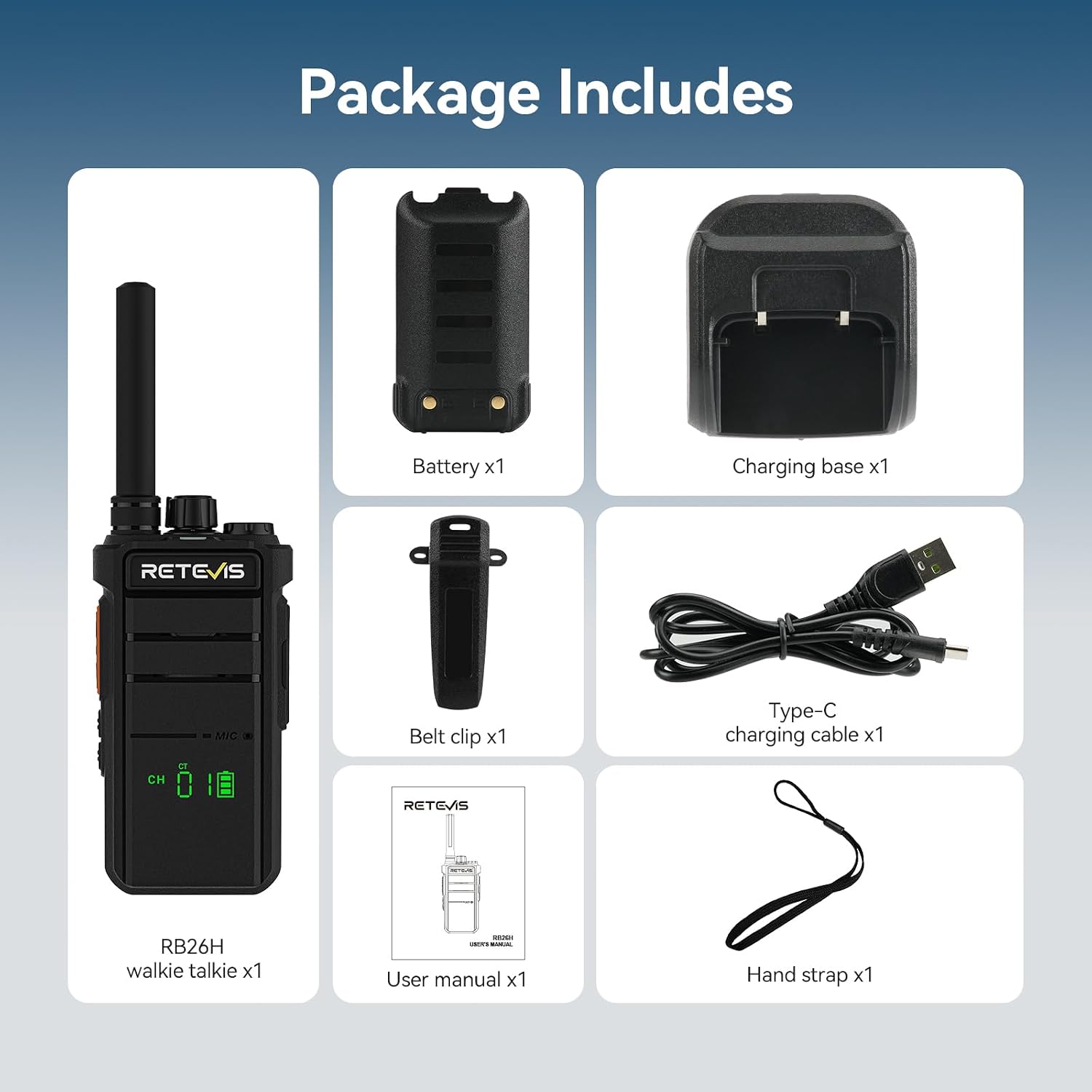 Retevis RB26H GMRS 2 Way Radio Long Range, Business Walkie Talkies, 1 Pack | Professional Two Way Radios, 2000mAh, Hidden Display, Type-C, Built in NOAA Flashlight VOX,GMRS Repeater Capable, for Camping