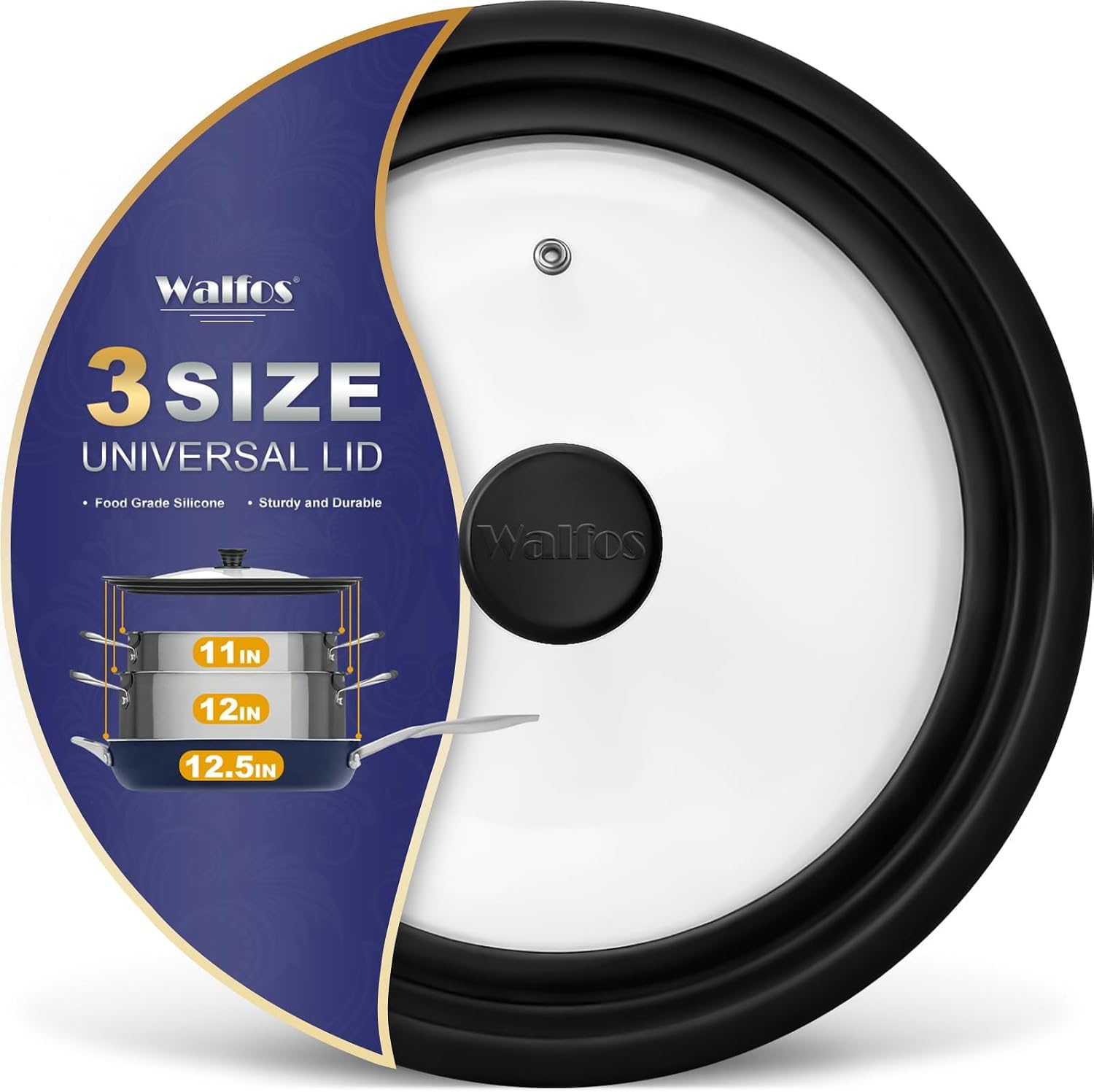 Universal Lid for Pots, Pans and Skillets - Tempered Glass with Heat Resistant Silicone Rim, Fits 10", 11" and 12" Diameter Cookware, Round