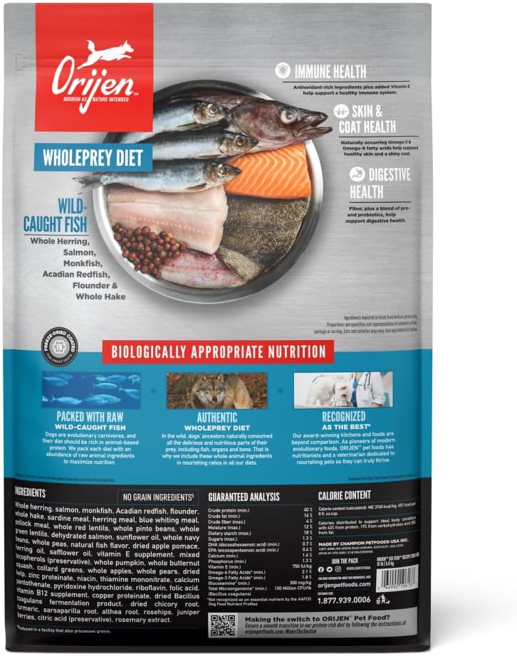 ORIJEN Grain Free WHOLEPREY Dry Dog Food Original Recipe 13lb. Bag | WHOLEPREY Ingredients, Grain Free, Made in the USA, Skin & Coat, Global Quality Ingredients
