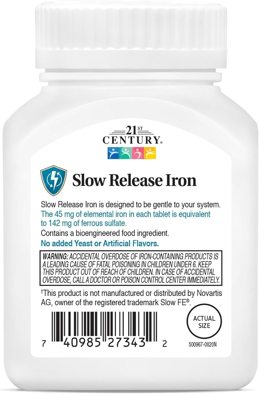 21st Century Slow Release Iron 45mg Tablets, Gentle on Stomach, 60 Count | High-Potency Ferrous Sulfate, Compare VS. Slow FE® & Healthy Red Blood Cells, Gluten Free, No Added Yeast, For Women & Men