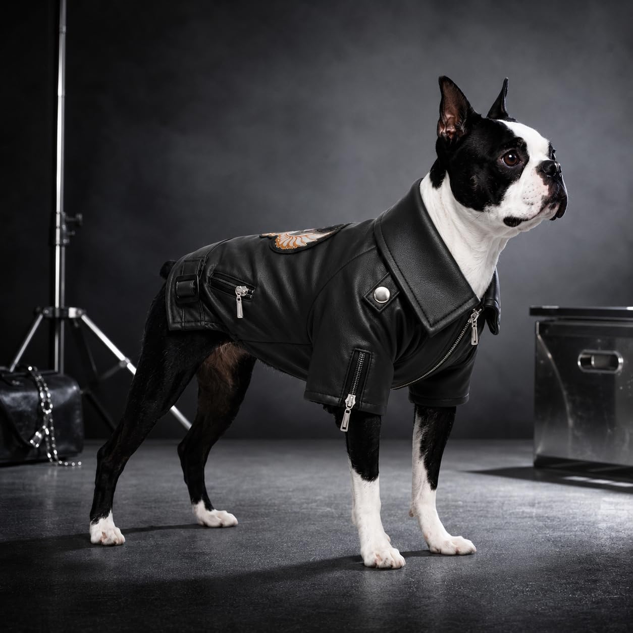 Lovelonglong Cool Dog Leather Jacket, Warm Coats Dogs Windproof Cold Weather Coats for Large Medium Small Dogs with Eagle Embroidery Black XS