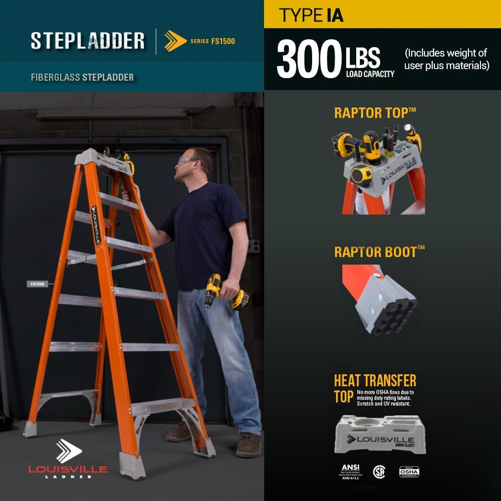 Louisville Ladder 12-Foot Fiberglass Step Ladder, 375-Pound Load Capacity, Type IAA, FS1312HD