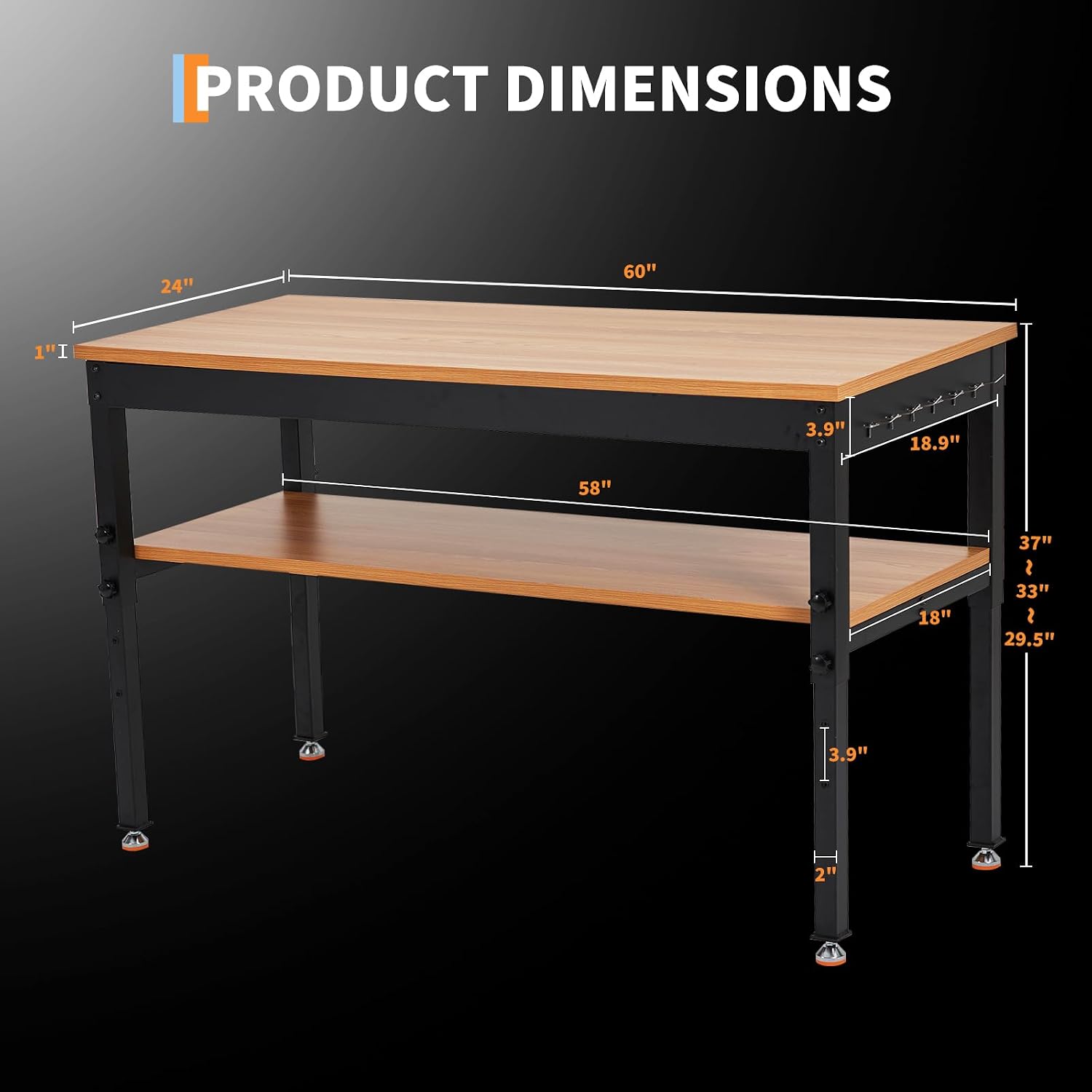 60" Work Bench with Storage Shelf, Adjustable Height Workbench, 60" x 24" Work Benches for Garage