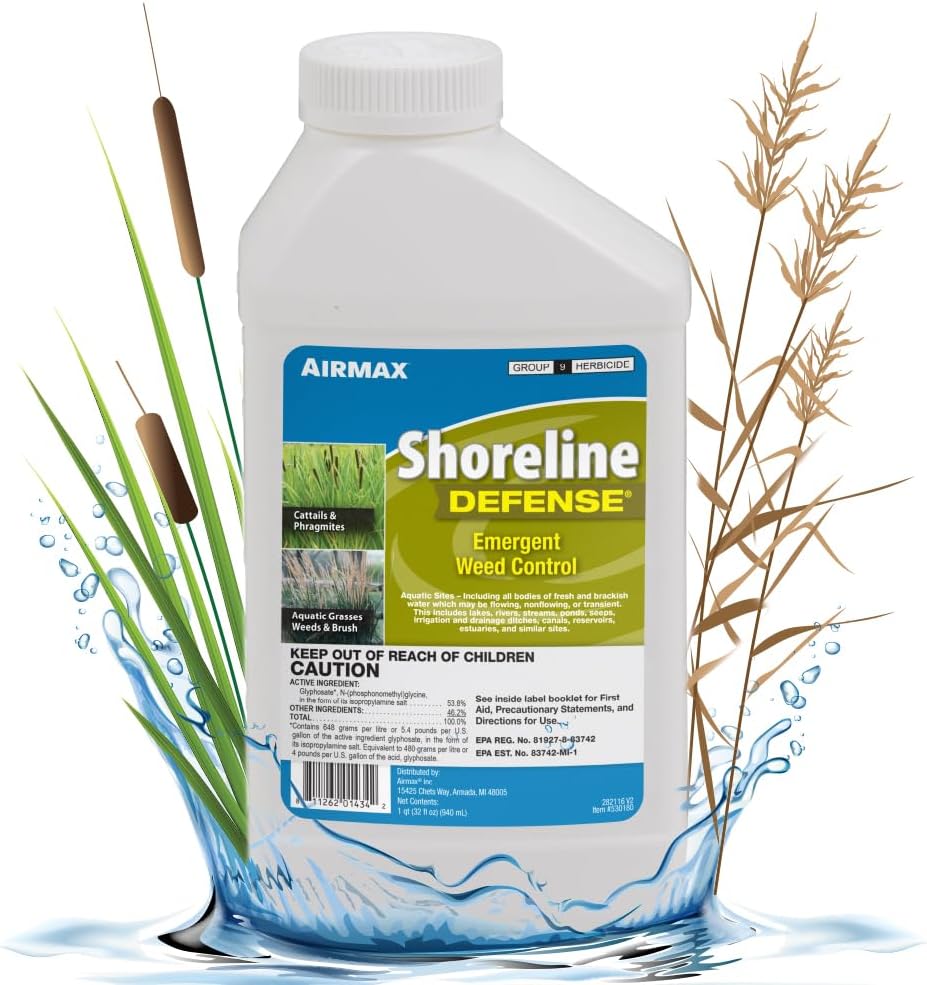 Airmax Shoreline Defense Emergent Weed Control Herbicide, 1 Quart | Concentrated glyphosate treatment controls phragmites, pond grass & cattails in aquatic shoreline areas