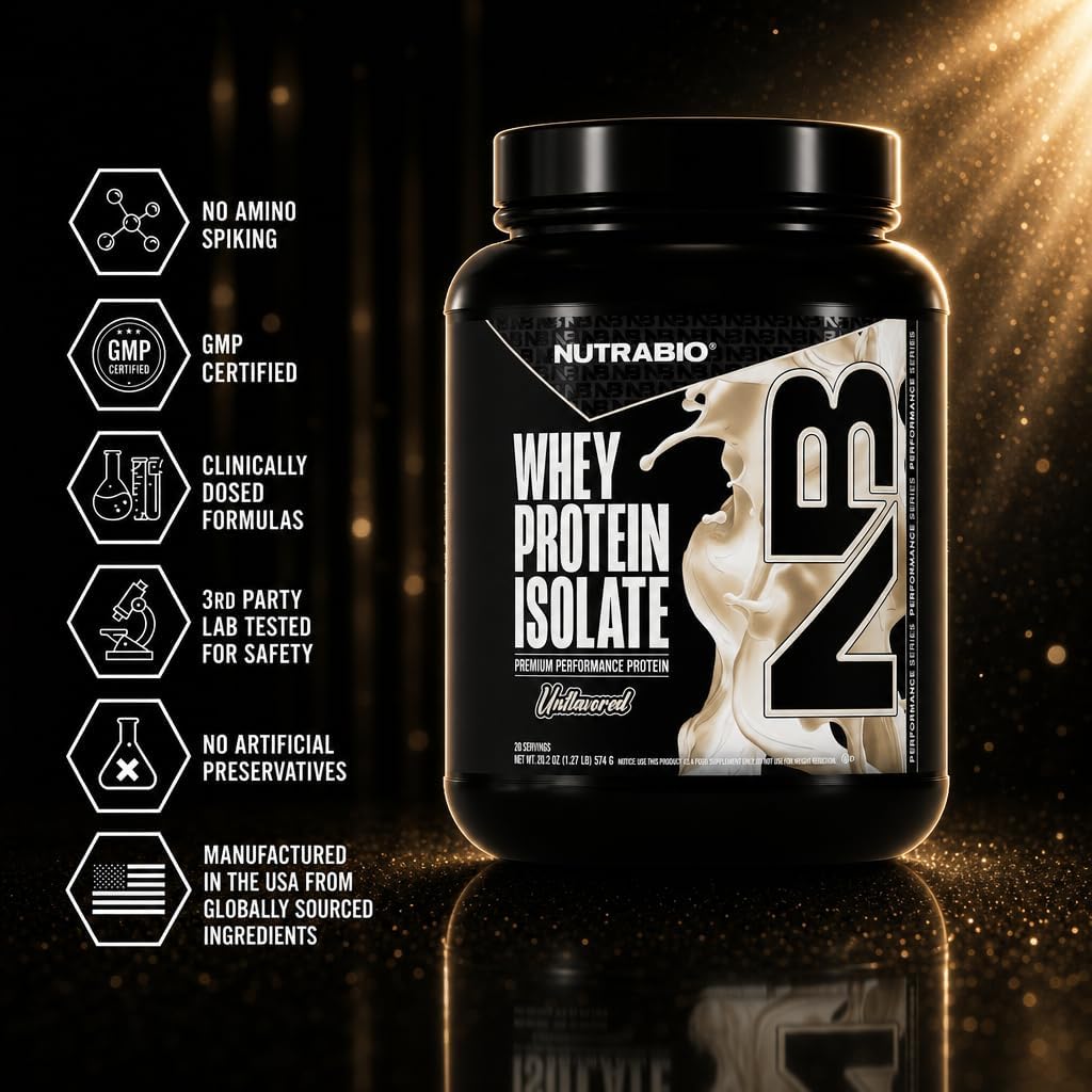NutraBio 100% Whey Protein Isolate Protein Powder, 25g Protein with Complete Amino Acid Profile, Non-GMO, Soy & Gluten Free, Low Carb, Low Calorie Whey Protein Powder, Raw Unflavored, 20 Servings