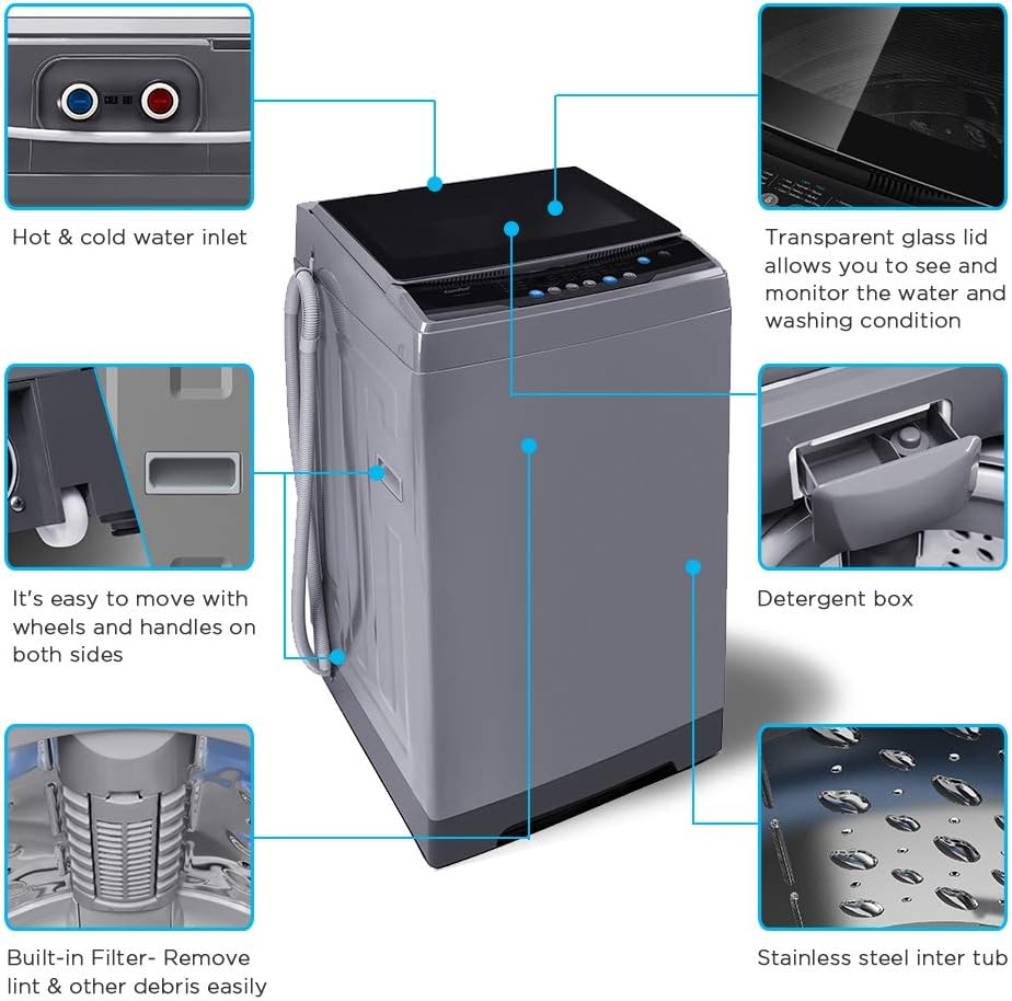 COMFEE’ 1.6 Cu.ft Portable Washing Machine, 11lbs Capacity Fully Automatic Compact Washer with Wheels, 6 Wash Programs Laundry Drain Pump