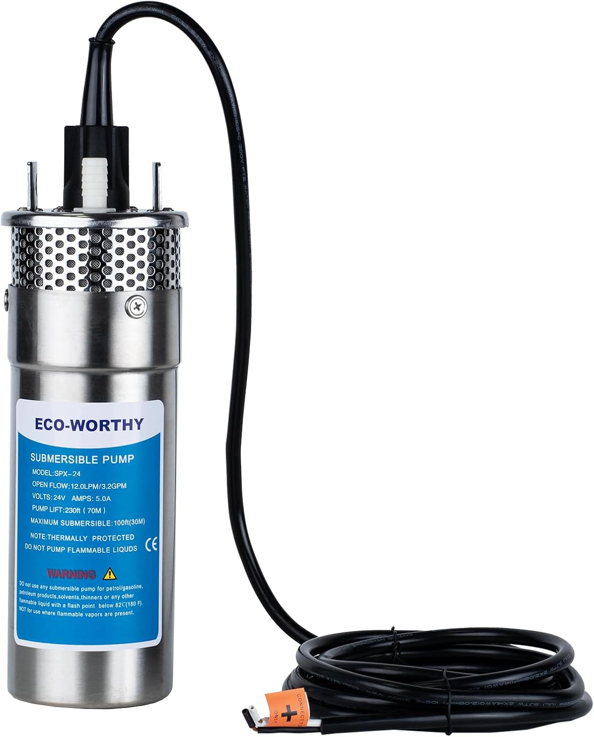 ECO-WORTHY 24V Submersible Deep Well Water Pump with 10ft Cable 1.6GPM 4'' 5A, Max Lift 230ft/70m, DC Pump/Alternative Energy Solar Battery Farm & Ranch Submersible Deep Well Pump