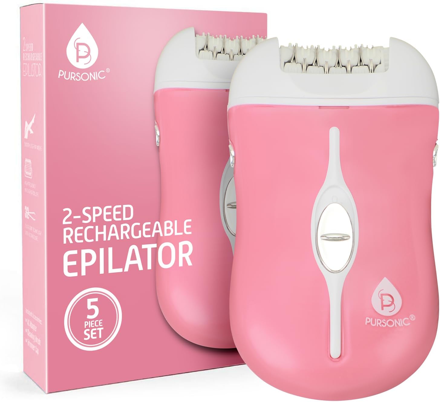 Pursonic Fe120P Cordless Epilator with 40 Tweezers - Rechargeable 2 Speed Epilators Hair Removal for Women - Compact Hair Removal Device for Arms