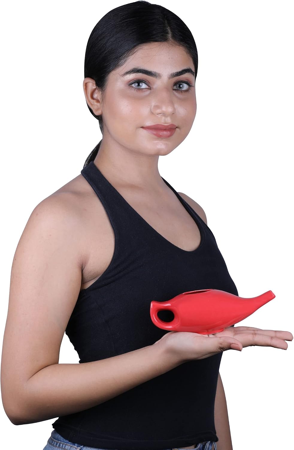 HealthGoodsIn Ceramic Neti Pot, Dishwasher Safe, Premium Handcrafted with 2 Silicone Nozzle and Salt for Sinus - 225 Ml. Capacity (Brown)
