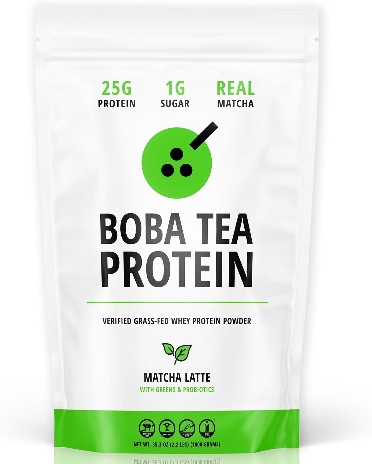 Boba Tea Protein Matcha Latte | 25g Grass-Fed Whey Protein Isolate Powder | Gluten-Free & Soy-Free Bubble Tea Protein Drink | Real Ingredients &