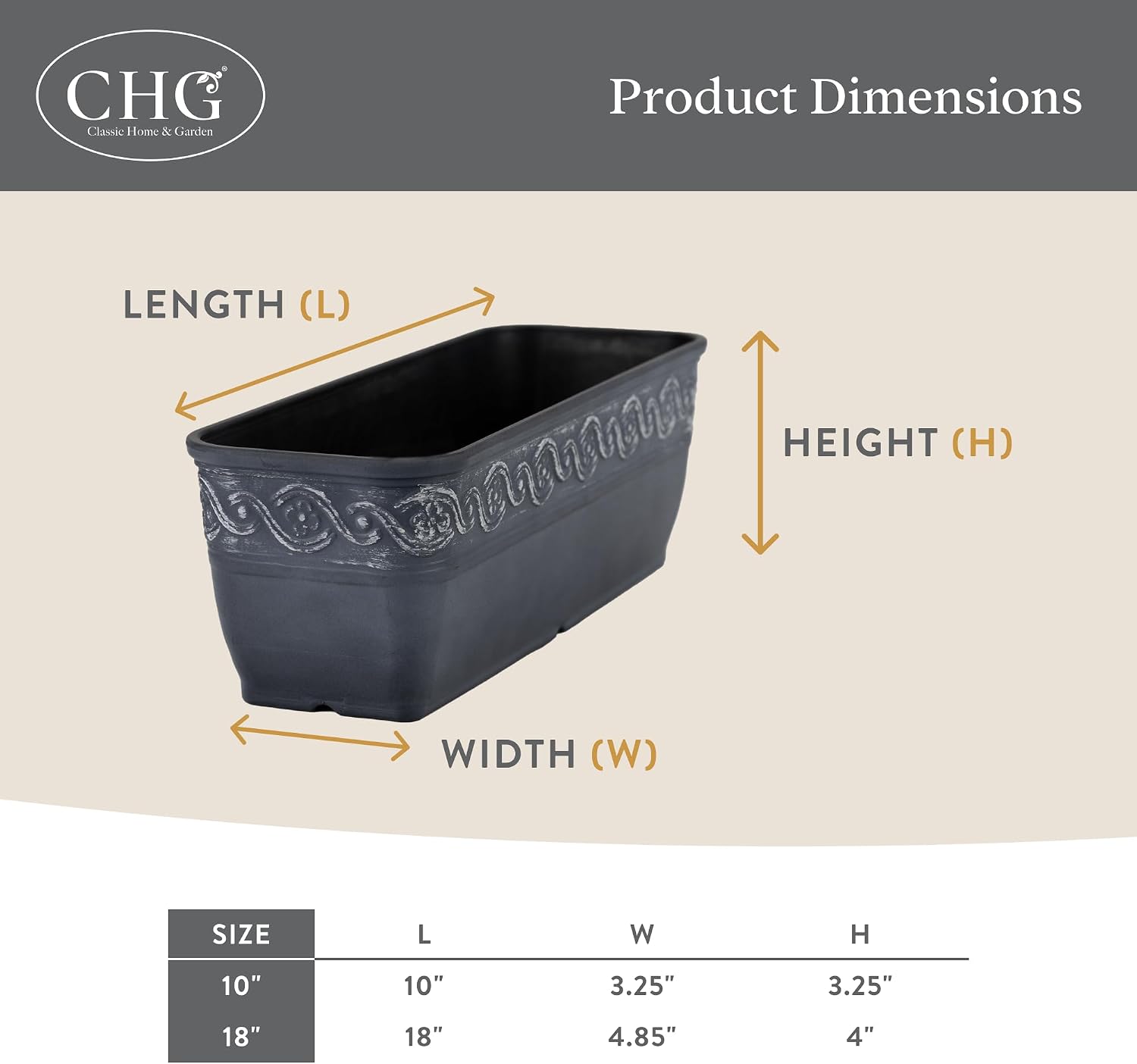 Corinthian Rectangular Planter Box w/Drain Plug, 10" Ivory Ash