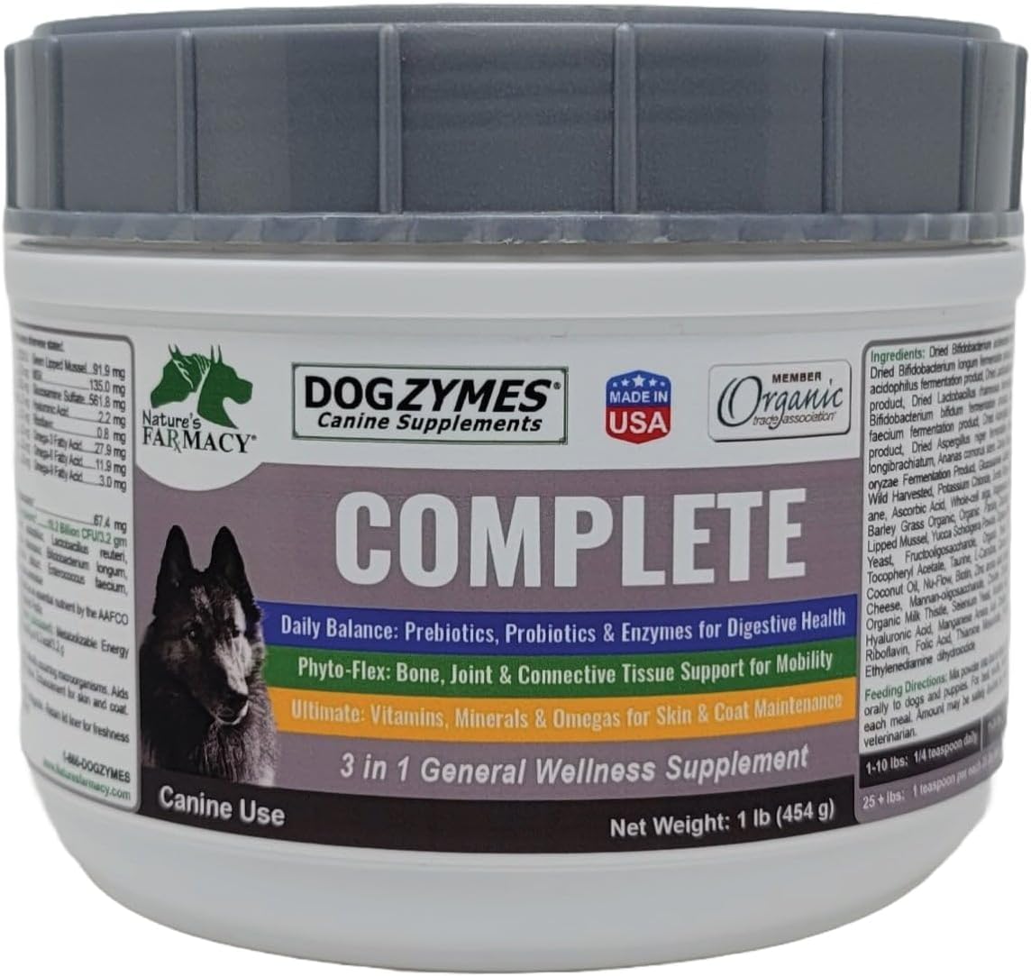 Dogzymes Complete - Probiotics, Prebiotics, Glucosamine, Chondroitin, MSM and Hyaluronic Acid, Complete Skin and Coat Care (2 Pound)