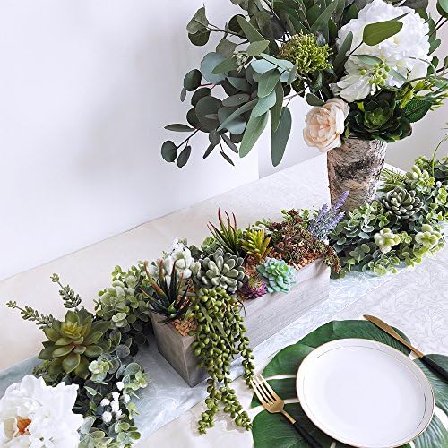 Supla Artificial Potted Succulents Plants Arrangement Fake Succulent Plants in Rectangular Wooden Pot Arrangement for Table Centerpiece Windowsill