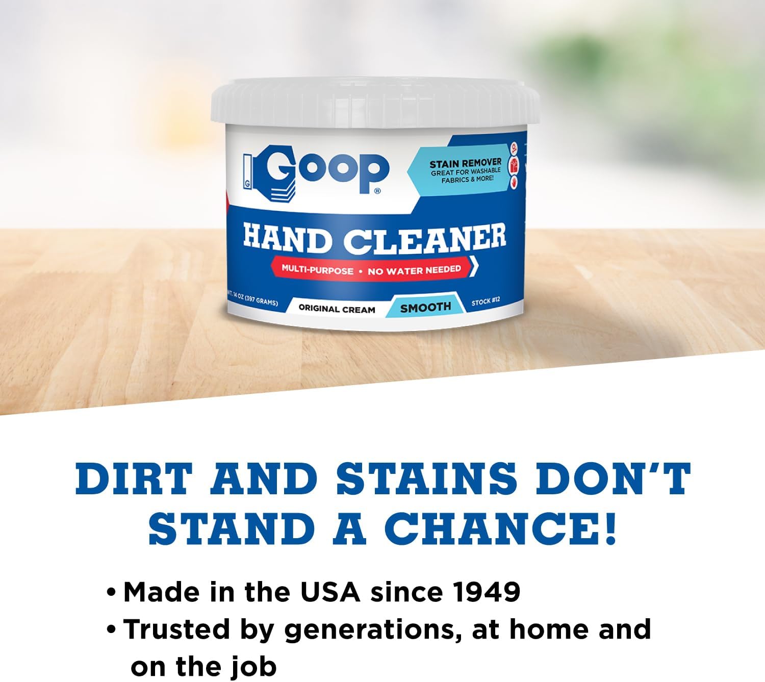 GOOP Multi-Purpose Hand Cleaner- Waterless Hand Degreaser, Laundry Stain Remover - NonToxic and Biodegradable Cleaner Remove Dirt, Oil, Paint, Ink, and Clothes Stains Original, 14oz Pack of 1