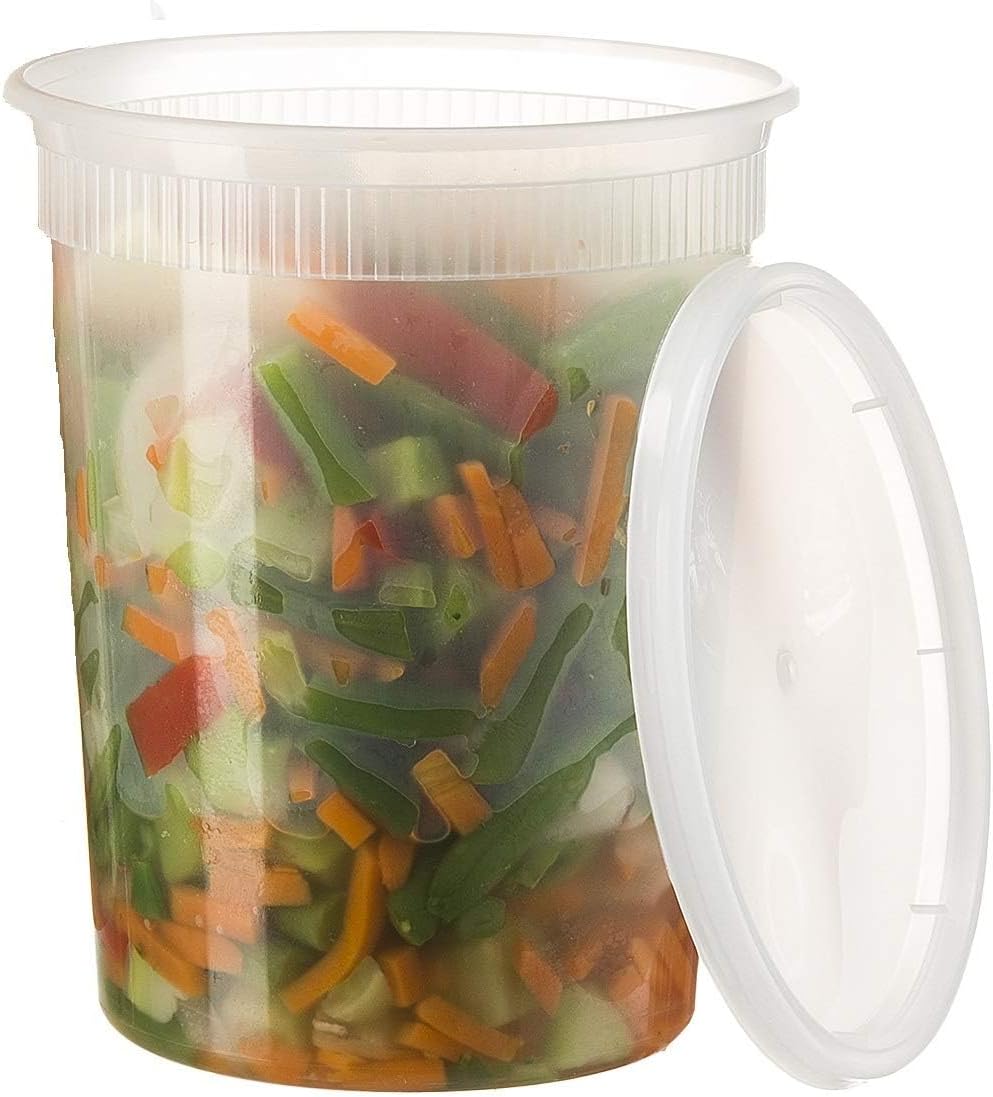 Basix Deli Containers with Lids, 32 Oz Leakproof Plastic, 24 Count | Microwave & freezer safe, for soup, snacks, leftovers, takeout & picnics