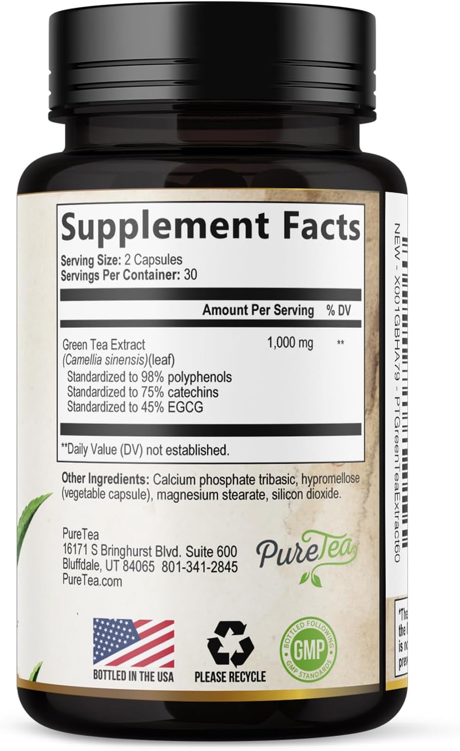 Green Tea Extract 1000mg Per Serving - 98% Polyphenols & 45% EGCG Capsules, Heart Support with Antioxidants - 3X Absorption Green Tea Pills Supplement, Natural Energy, Gentle Caffeine - 240 Capsules