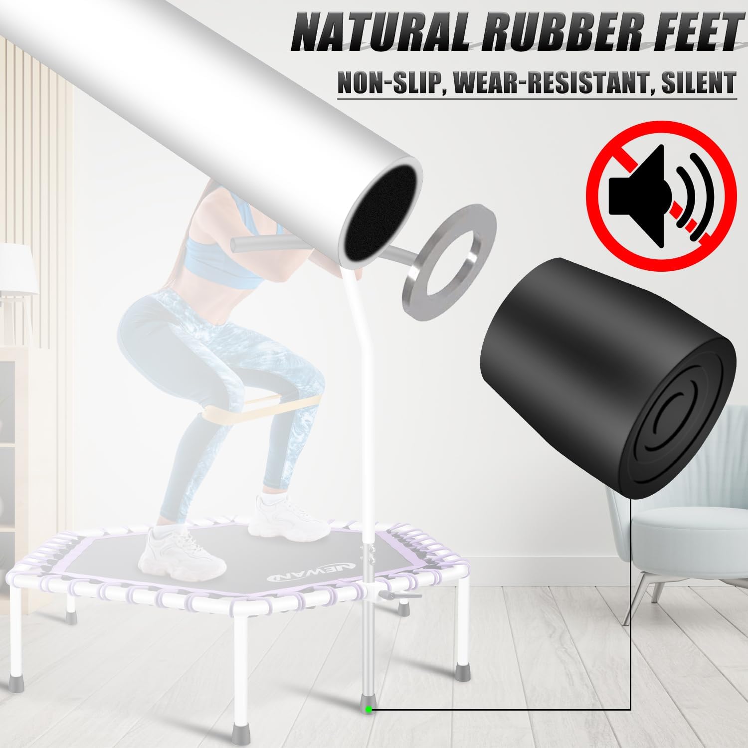 Newan 48'' Fitness Trampoline with Adjustable Handle Bar, Silent Trampoline Bungee Rebounder Jumping Cardio Trainer Workout for Adults - Max Limit 330 lbs